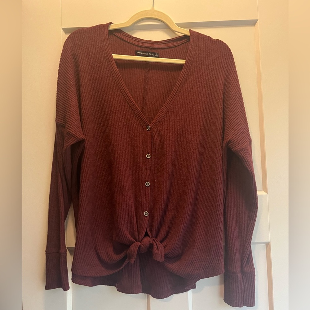 Abercrombie & Fitch Brown Waffle Knit Button Front Tie Hem Cardigan